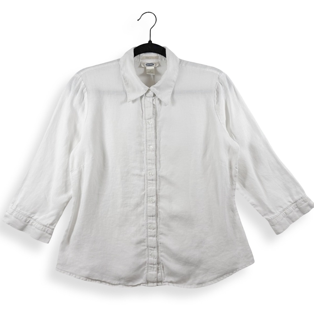 Old Navy Womens Medium White Linen Button Up Shirt 3/4 Sleeve Ladder Stitch VTG